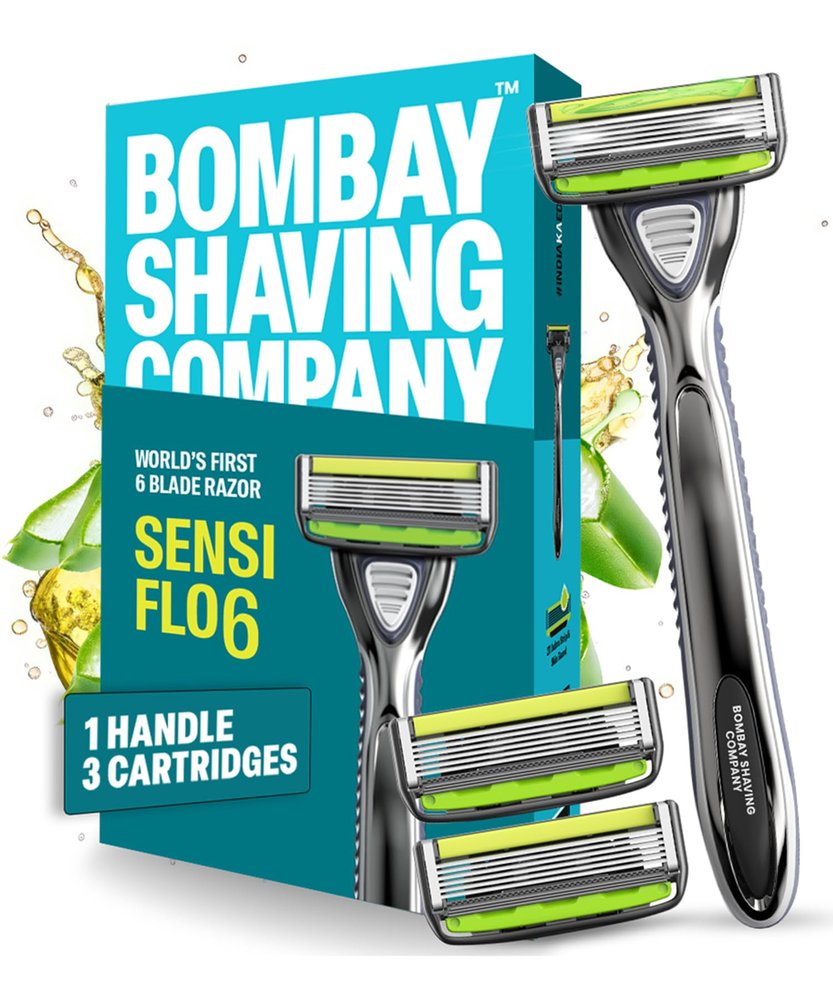 Bombay Shaving Company Sensi Flo 6 Value Pack (Handle + 3 Blades Cartridge) | Up To 4 Months Of Shaves |World's First 6 Blade Razor for men, Trimmer Blade, Skin Guard With Aloe And Vit E Lubra Strip