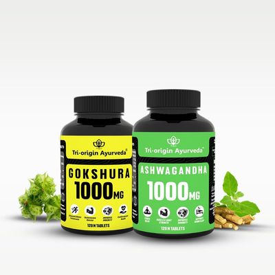 Tri-Origin Ayurveda Gokshura and Ashvagandha Tablets - 120 Tablets for Improved Vigor, Stress Relief, and Mind-Body Rejuvenation