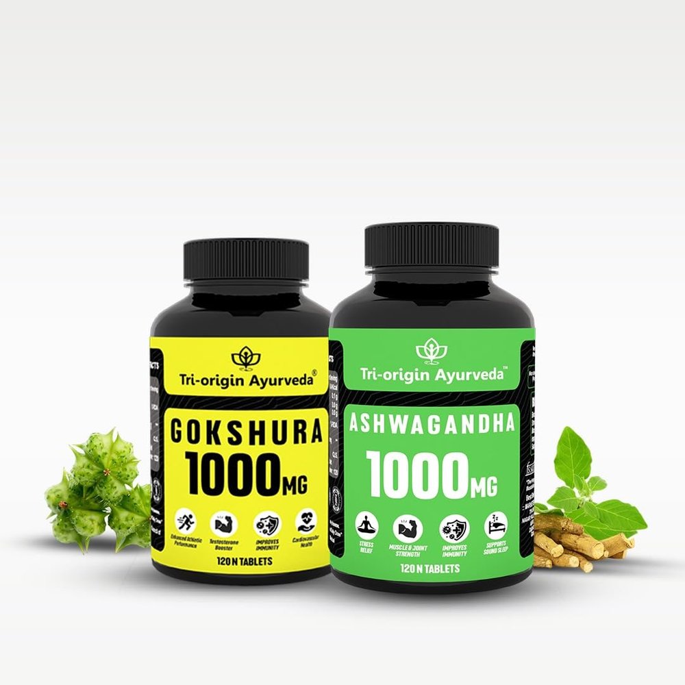 Tri-Origin Ayurveda Gokshura and Ashvagandha Tablets - 120 Tablets for Improved Vigor, Stress Relief, and Mind-Body Rejuvenation