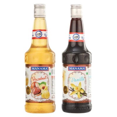 Manama Hazelnut Syrup and Vanilla Syrup, 750ML Each, Mixer for Mocktails, Cocktails, Drinks, Juices, Beverages, Pack of 2
