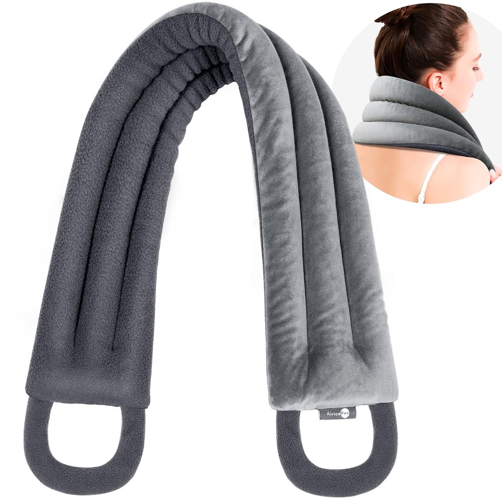 AiricePac Microwave Heating pad for Neck and Shoulders Back 33 * 5" microwavable Moist Heat Pack Warm hot Compress Neck wrap Weighted Rice Bean Bag Reusable Herbal Nature Calming Portable Grey