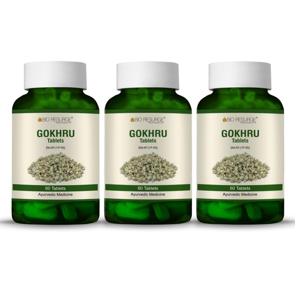 Bio Resurge 100% Ayurvedic Gokhru Herbal Supplement Tablets - 750MG Pack of 3 (180 Tablet) 100% pure ayurvedic capsules for kidney health, stamina, muscle strength & wellness for men & women