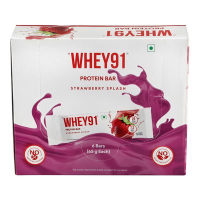 Whey91 Strawberry Splash Protein Bar, 20g Protein & 7.2g Fiber in each, No Added Sugar, No Artificial Flavour, 390g- (Pack of 6)