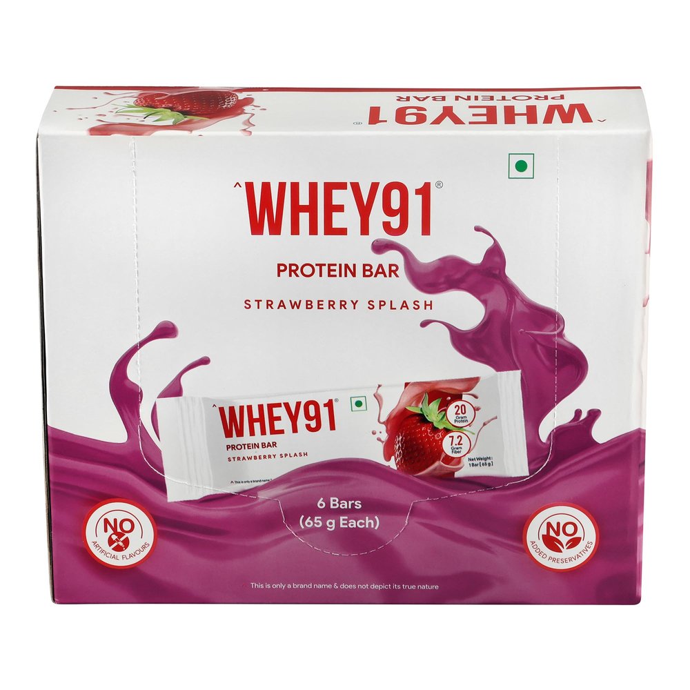 Whey91 Strawberry Splash Protein Bar, 20g Protein & 7.2g Fiber in each, No Added Sugar, No Artificial Flavour, 390g- (Pack of 6)