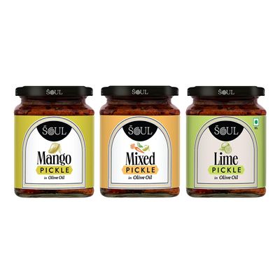 ADF Soul Soul Mango Pickle Combo Made In Olive Oil Pack Of 3 (Mango Pickle 275 Gm + Lime Pickle 275 Gm + Mixed Pickle 275 Gm)