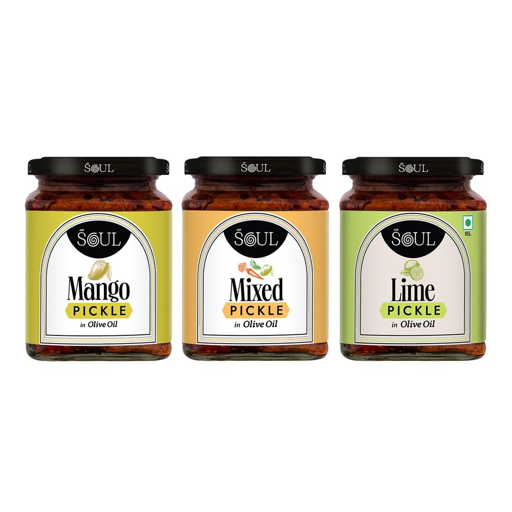 ADF Soul Soul Mango Pickle Combo Made In Olive Oil Pack Of 3 (Mango Pickle 275 Gm + Lime Pickle 275 Gm + Mixed Pickle 275 Gm)