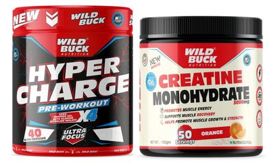 WILD BUCK Hyper Charge Pre-X4 Hardcore Pre-Workout Supplement Powder with Creatine Monohydrate, Arginine AAKG, Beta-Alanine, Caffeinated Punch-For Men & Women [40 Serving, Cranberry] + WILD BUCK Creatine Monohydrate Powder, Strength, Reduce Fatigue, 
