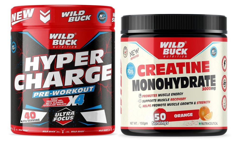 WILD BUCK Hyper Charge Pre-X4 Hardcore Pre-Workout Supplement Powder with Creatine Monohydrate, Arginine AAKG, Beta-Alanine, Caffeinated Punch-For Men & Women [40 Serving, Cranberry] + WILD BUCK Creatine Monohydrate Powder, Strength, Reduce Fatigue, 