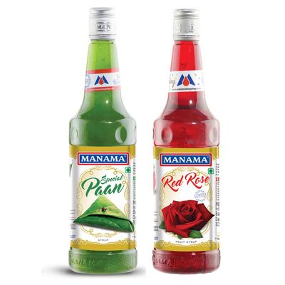Manama Paan Syrup and Red Rose Syrup, 750ML Each, Mixer for Mocktails, Cocktails, Drinks, Juices, Beverages, Pack of 2