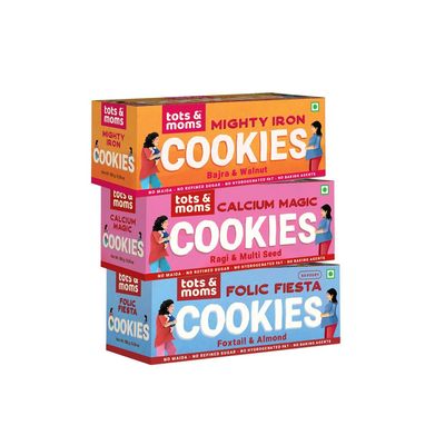 Tots & Moms Healthy & Nutritional Cookies-Pack of 3 | Mighty Iron | Calcium Magic | Folic Fiesta | 150g Each