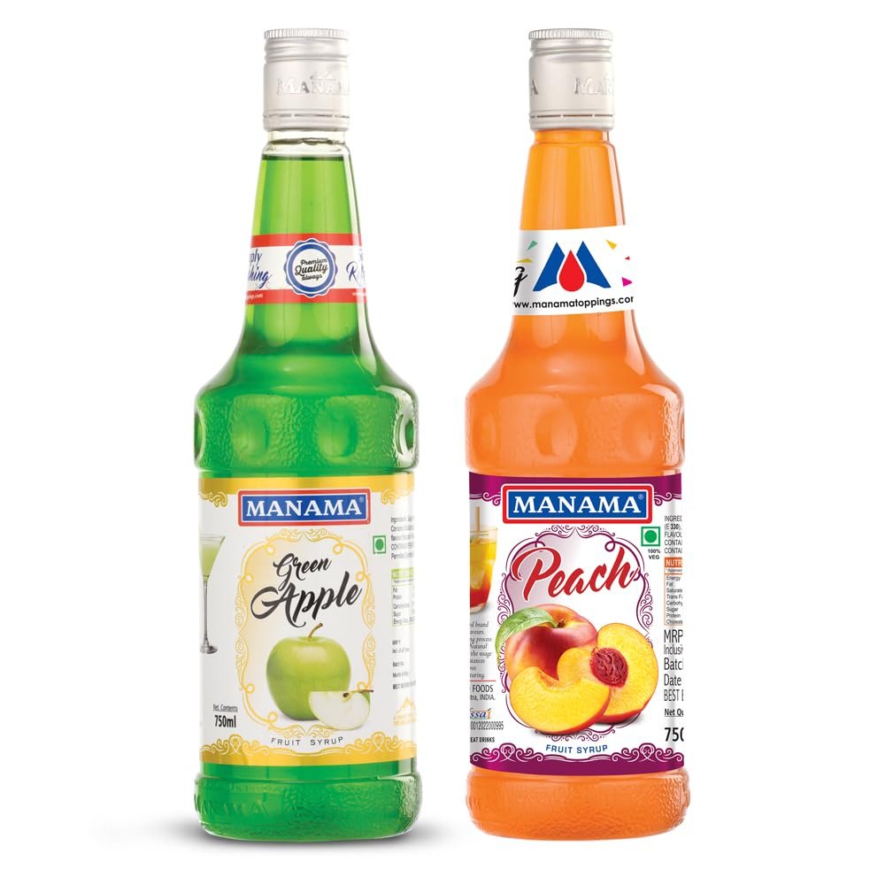 Manama Green Apple Syrup and Peach Syrup, 750ML Each, Mixer for Mocktails, Cocktails, Drinks, Juices, Beverages, Pack of 2