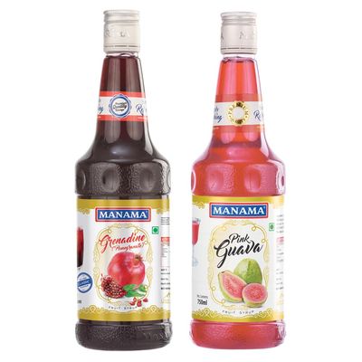 Manama Grenadine Syrup and Pink Guava Syrup, 750ML Each, Mixer for Mocktails, Cocktails, Drinks, Juices, Beverages, Pack of 2