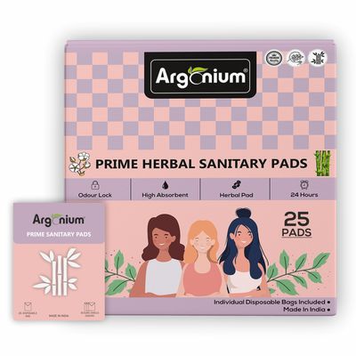 Argonium Prime Herbal Bamboo Sanitary Pads For Women | XXL Herbal 25 Pads 330mm,Pure Cottene Base, Rash-Toxin-Irritation Free,High Absorbent, Heavy Flow,Extra Long.Day-Night Napkin With 2Disposal Bags | Skin Friendly