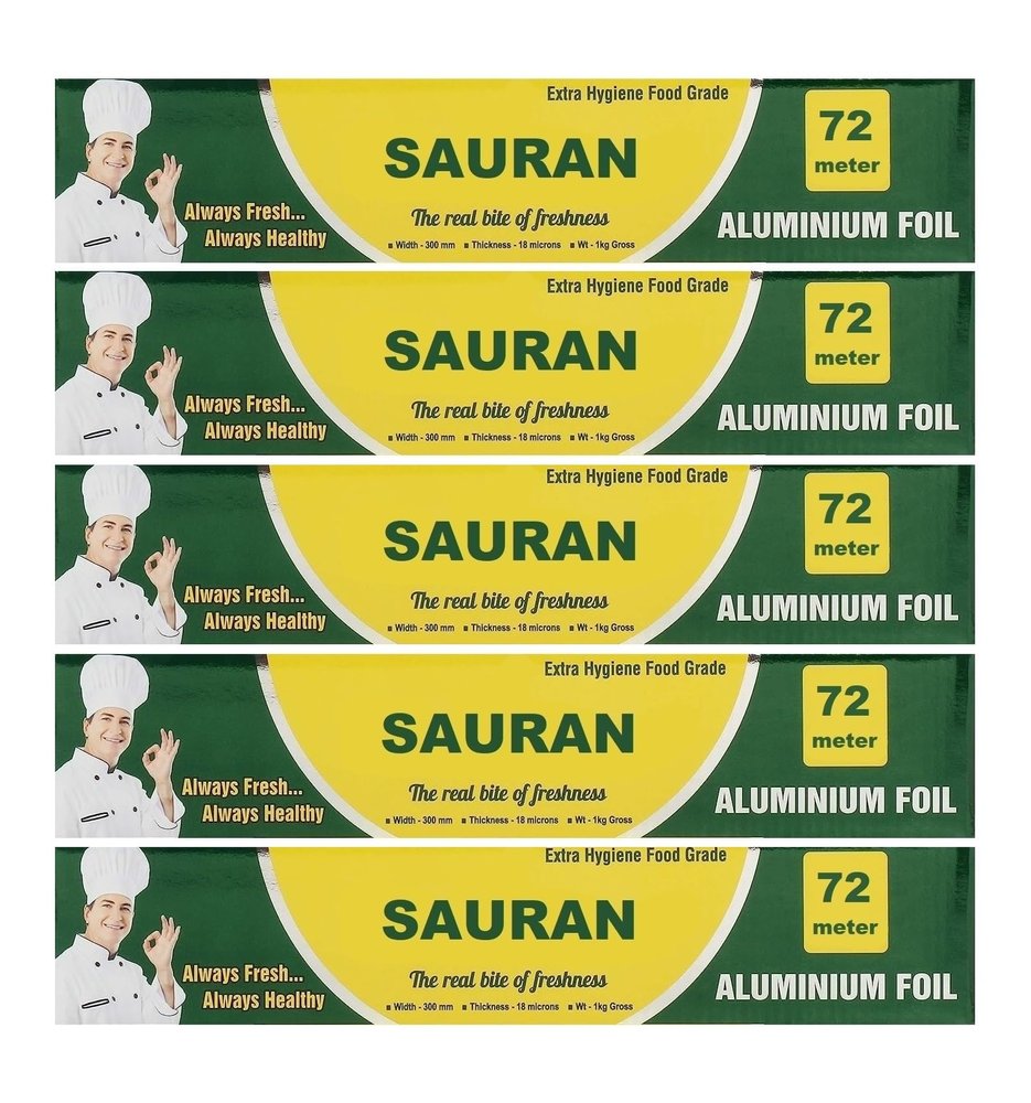 72 Meter Pack of 5 Silver Aluminium Foil Wrap for Food Packing, Cooking, Baking(FP9)