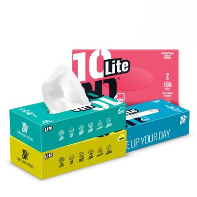10on Lite 2 Ply Soft Facial Tissue Paper,Large Size Napkins, Pack of 4 (100 Pulls x 4 Box = 400 Pulls), Box Color May Vary
