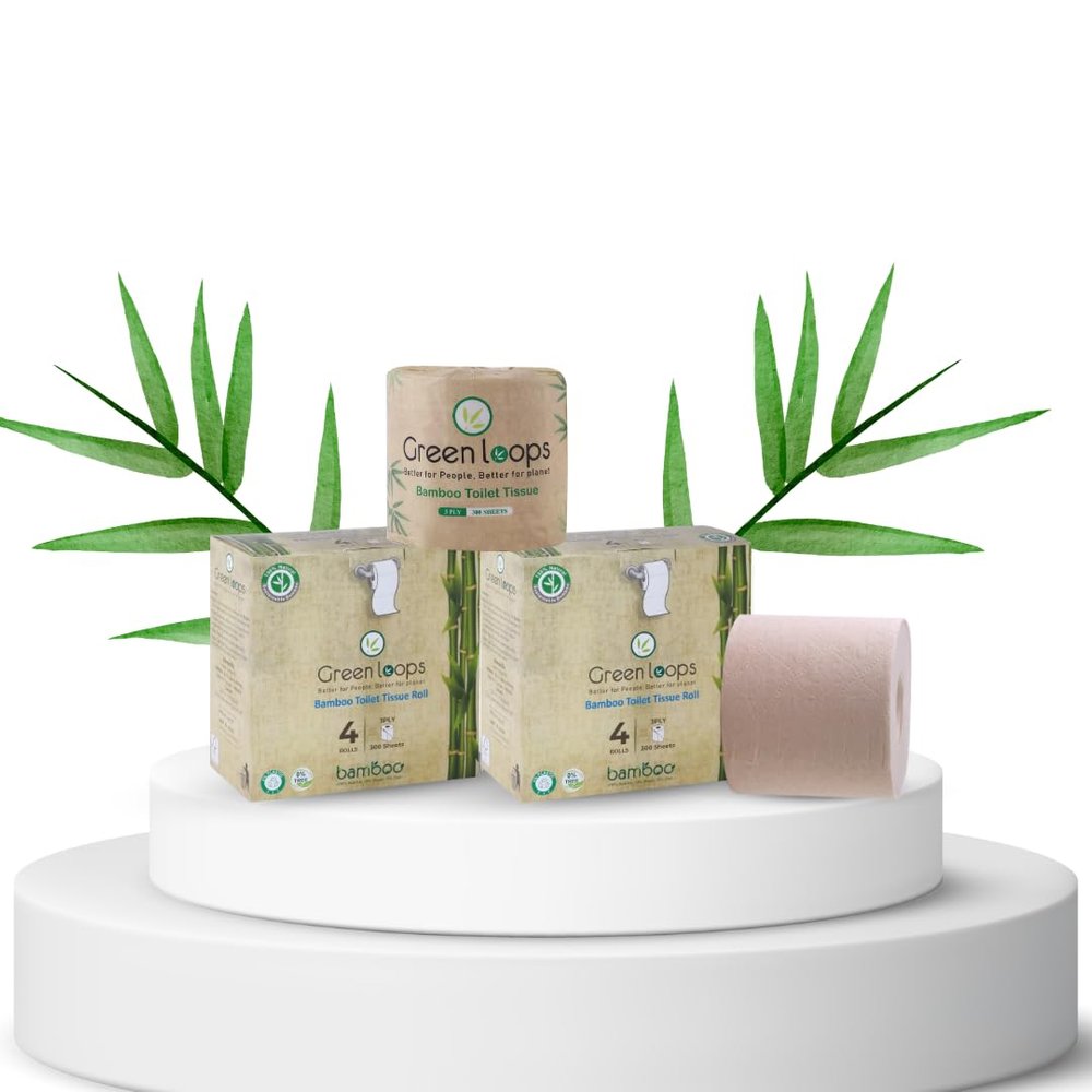 Green loops Bamboo 3 Ply Toilet Paper Tissue Rolls 8 Rolls (300 Pulls Per Roll), Tree Free, Unbleached, 100% Natural, Ecofriendly