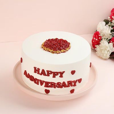 FlowerAura Delicious Silky Smooth Fresh Red & White Vanilla Eggless Anniversary Cake For Anniversary Gift's For Girlfriend, Boyfriend, Husband, Wife, Parents, Friends (Same Day Delivery) (1Kg)