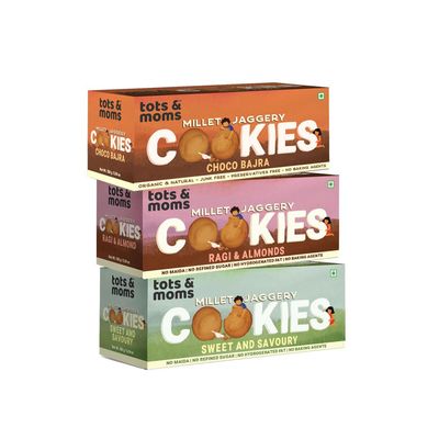 Tots & Moms NO Maida NO Sugar - Ragi & Almond Cookies |Sweet & Savory Cookies | Choco Bajra Cookies | Millet & Jaggery Biscuits | Pack of 3-150g Each