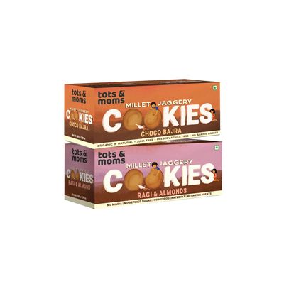 Tots & Moms NO Maida NO Sugar - Ragi & Almond Cookies |Choco Bajra Cookies | Millet & Jaggery Biscuits | Pack of 2-150g Each