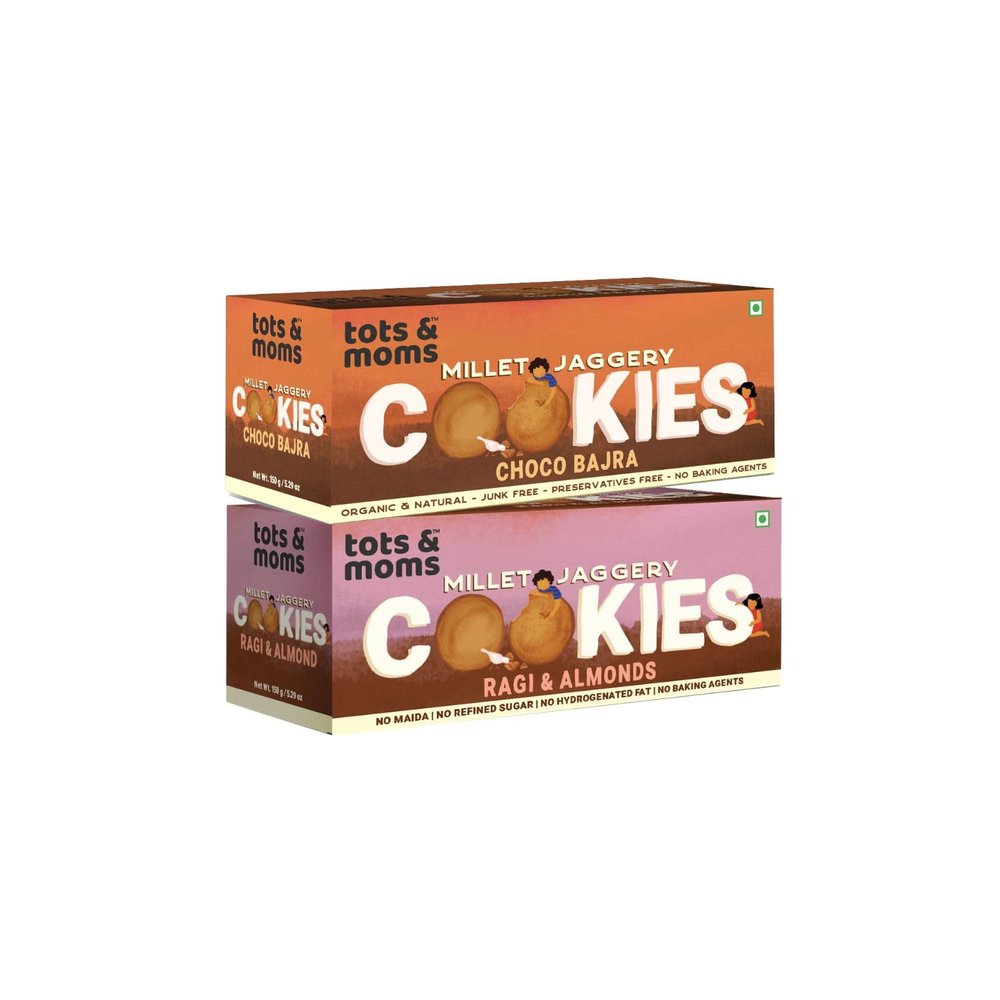 Tots & Moms NO Maida NO Sugar - Ragi & Almond Cookies |Choco Bajra Cookies | Millet & Jaggery Biscuits | Pack of 2-150g Each