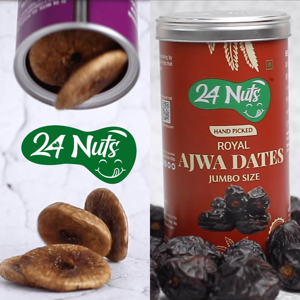 24 Nuts Hand Picked Jumbo Size Afghani Royal Anjeer (Dry Figs) & Royal Ajwa Dates Combo Pack 500gm (250g X 2)