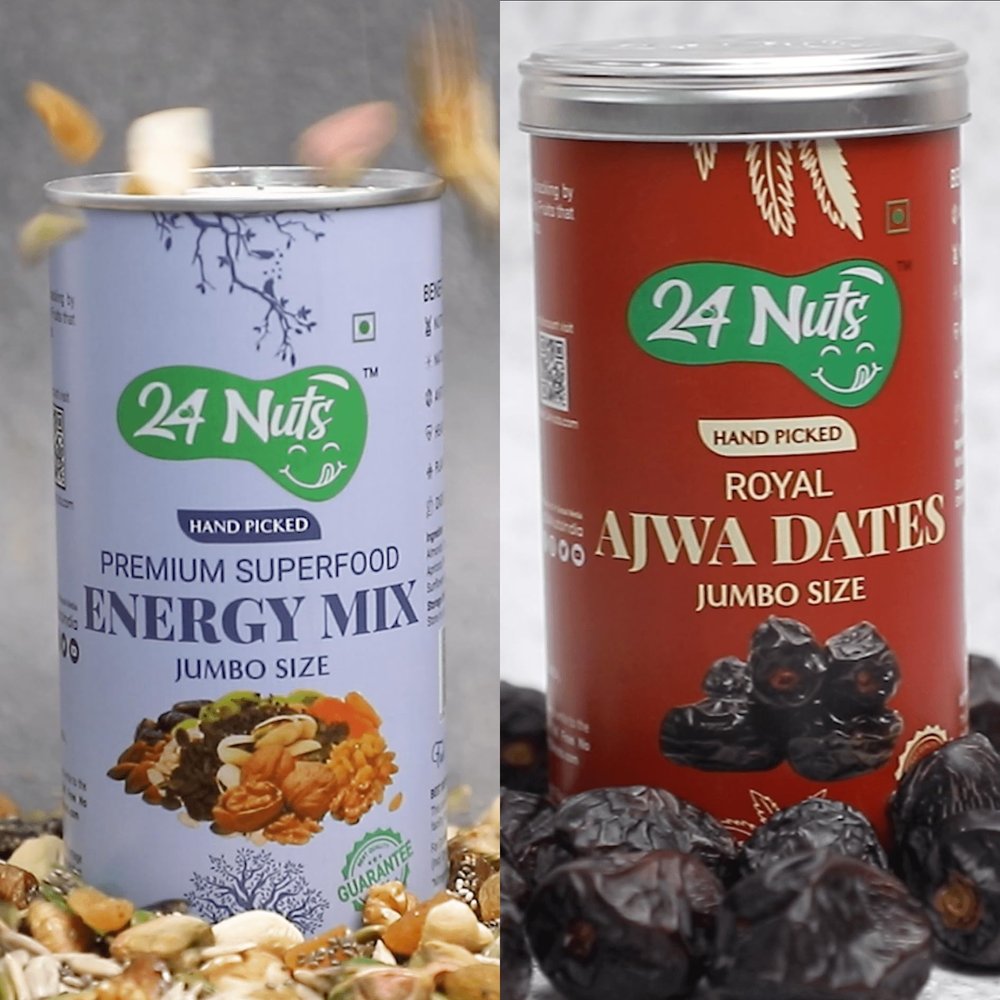 24 Nuts Hand Picked Jumbo Size Premium Mix Super Food & Royal Ajwa Dates Combo Pack 500gm (250g X 2)
