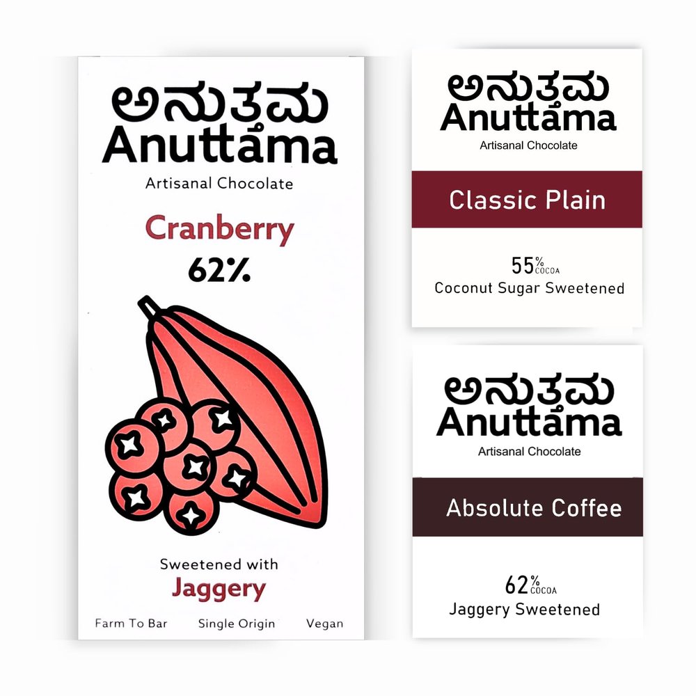 ANUTTAMA Dark Chocolate | Cranberry + Absolute + Classic | Dark Chocolate Bar | Gift's Pack | 62% & 55% Cocoa Combo | Chocolate Gift for Birthday | Natural Jaggery Sweetened | Chocolate Bar 50-20gm