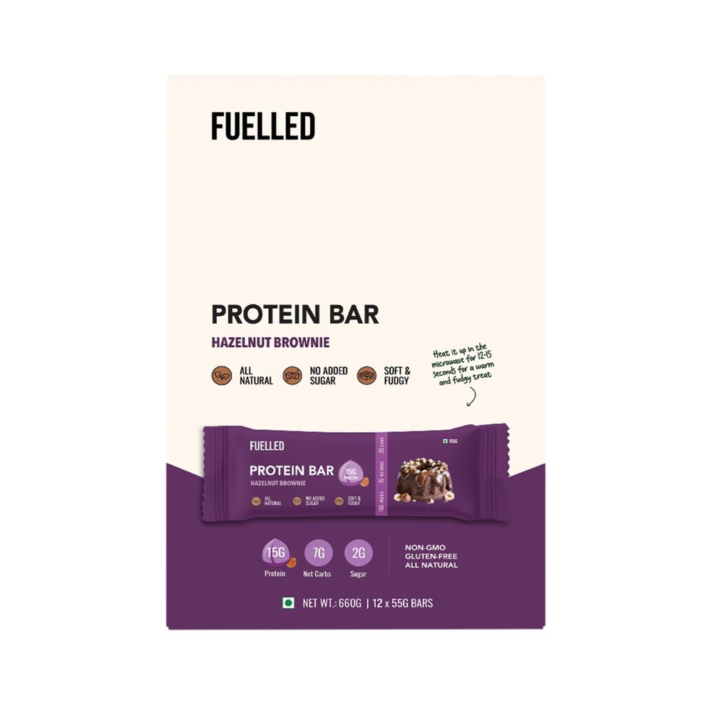 FUELLED Hazelnut Brownie Protein Bar (Pack of 12)  15 g Protein, 7 g Net Carbs, 206 Calories, 14 g Fibre | No Added Sugar