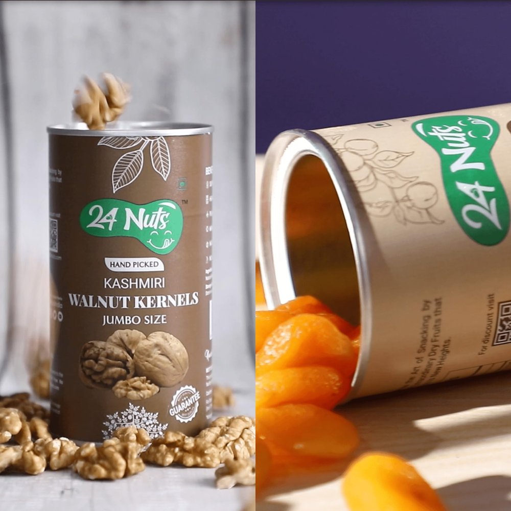 24 Nuts Hand Picked Jumbo Size Dried Turkish Apricots & Kashmiri Walnut Kernels Combo Pack 450gm (250g X 1, 200g X 1)