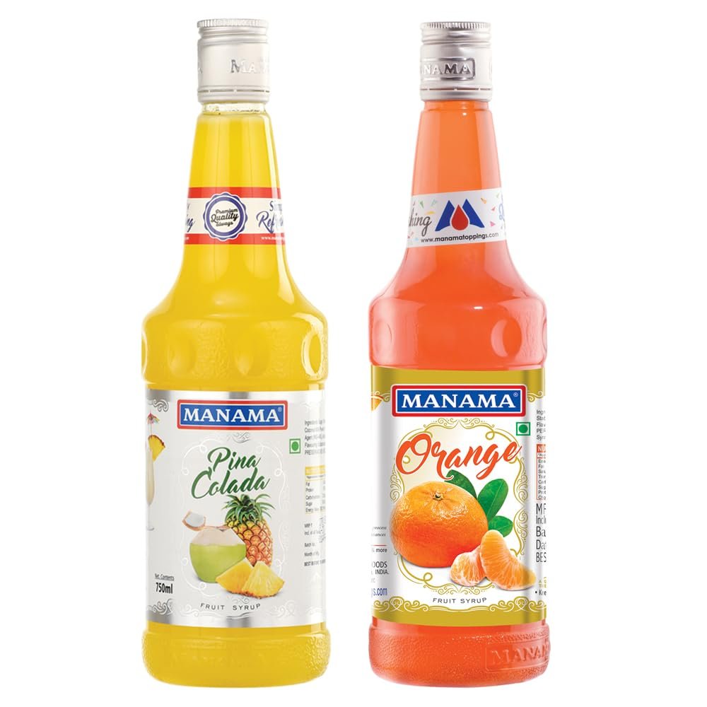 Manama Pinacolada Syrup and Orange Syrup, 750ML Each, Mixer for Mocktails, Cocktails, Drinks, Juices, Beverages, Pack of 2