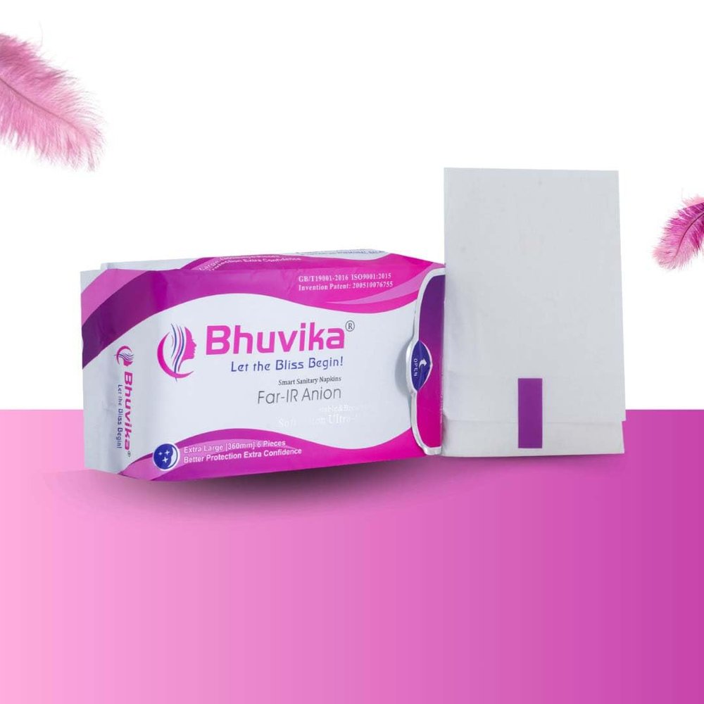 Bhuvika 8 Layer Cotton Smart Sanitary napkins Pads for Women - Rash Free, Anti Bacterial, Skin Friendly, Double Wing Shape, Advanced Leak Protection, X Large, 360mm - 1 Pack (6 Pads)