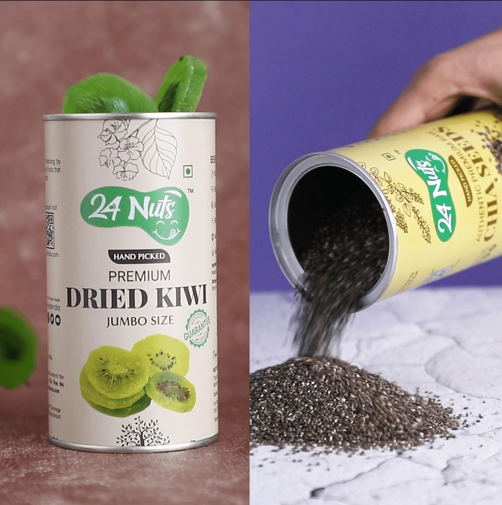 24 Nuts Hand Picked Jumbo Size Premium Raw Chia Seeds & Dried Kiwi Combo Pack 500gm (250g X 2)