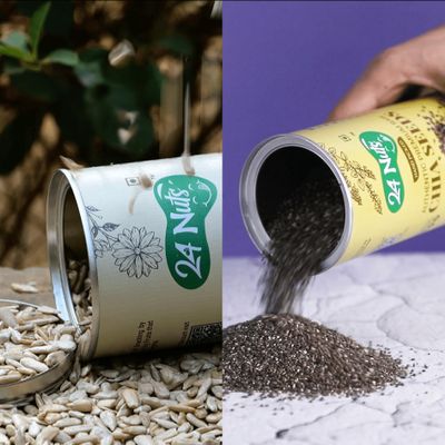24 Nuts Premium Daily Needs Fresh and Healthy Dry Fruits of Jumbo Size Chia Seeds & Sunflower Seeds Combo Pack 500gm (Tin Packaging (250g X 2)