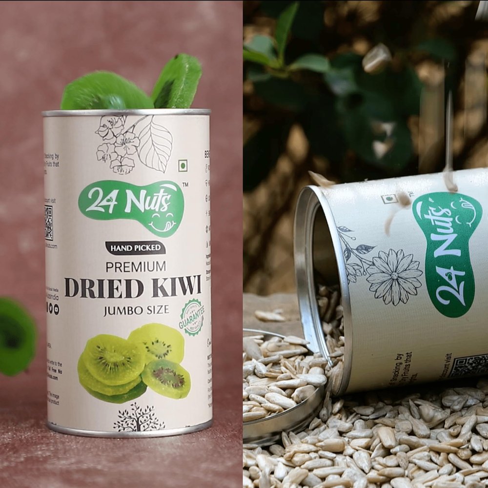 24 Nuts Premium Daily Needs Fresh and Healthy Dry Fruits of Jumbo Size Dried Kiwi & Sunflower Seeds Combo Pack 500gm (Tin Packaging (250g X 2)