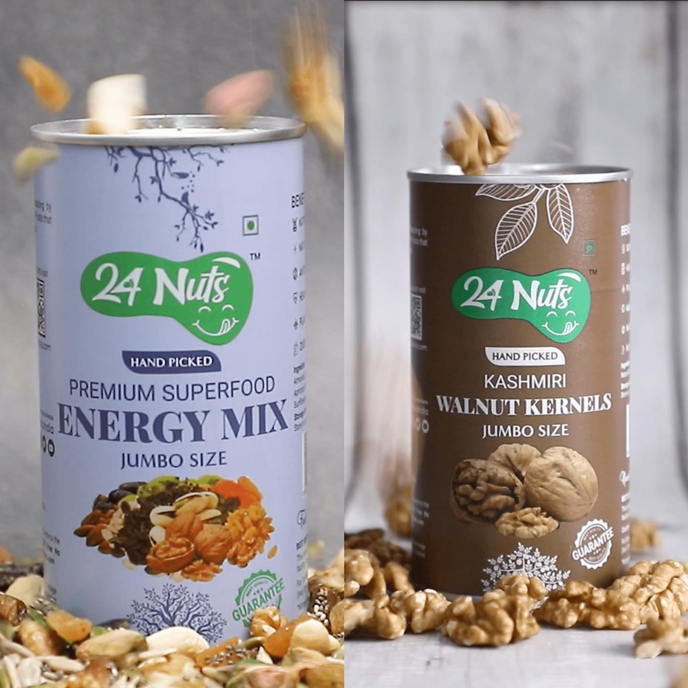 24 Nuts Hand Picked Jumbo Size Superfood Energy Mix & Kashmiri Walnut Kernels Combo Pack 450gm (250g X 1, 200g X 1)