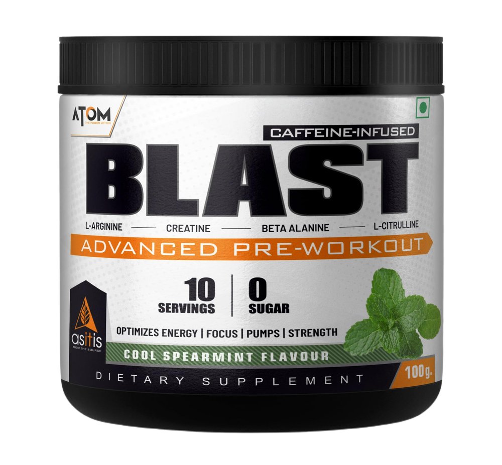 AS-IT-IS ATOM Blast Advanced Pre-workout 100gms, Cool Spearmint, Caffeine & L- Arginine Infused, Optimizes Energy, Increase Strength & Pumps