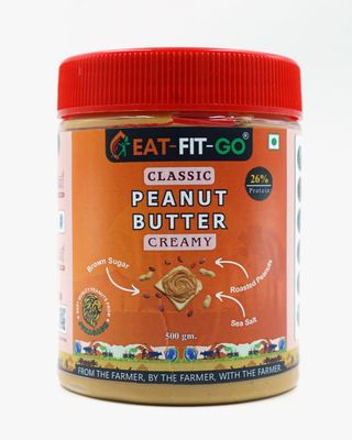 EAT-FIT-GO Classic Peanut Butter Creamy 500gm | 26g Protein | Pure Roasted Peanuts | Creamy And Nutty | Non GMO | High in Protein Spread | Gluten & Cholesterol Free | Nut Butter
