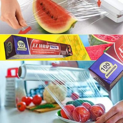 Pack of 2 EZ Food Covering Cling Film Roll 100 Meter Guaranteed. Transparent Foil Wrap Easy to Use 12 inch, Extra Thick. Plastic Wrap for Food, BPA Free Food Wrap