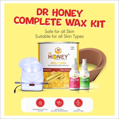 DR HONEY Hair removal cold wax (pre gel & after oil) strips, knife, heater, all type suitable women & men 598GRAM (SPREY)