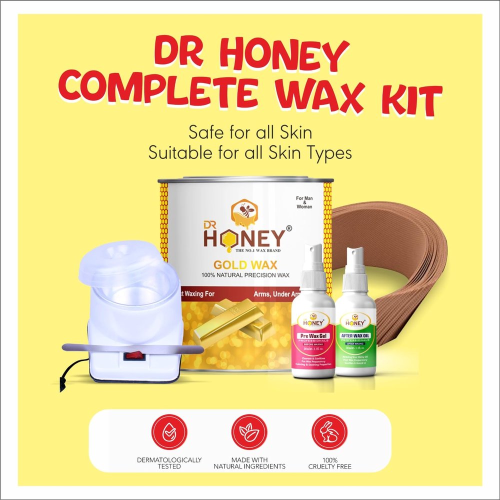 DR HONEY Hair removal cold wax (pre gel & after oil) strips, knife, heater, all type suitable women & men 598GRAM (SPREY)