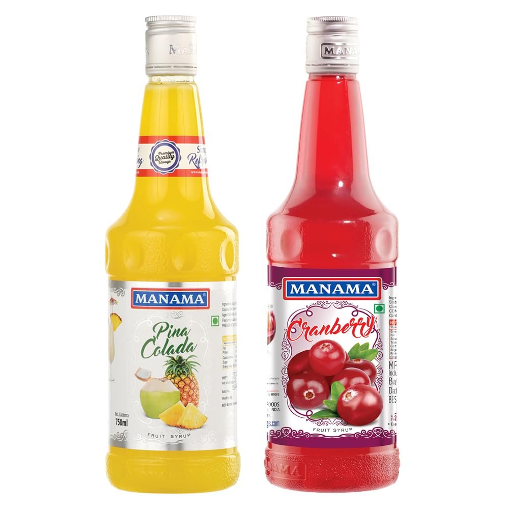 Manama Pinacolada Syrup and Cranberry Syrup, 750ML Each, Mixer for Mocktails, Cocktails, Drinks, Juices, Beverages, Pack of 2