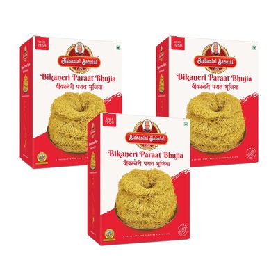 Bishanlal Babulal | Paraat Bhujia | Bikaneri bhujia | 1.2Kg (400Gm x 3) | Bikaners Famous Ready to Eat Savoury Namkeen| Crispy Light Sev Snack| No Preservative (Pack of 3)