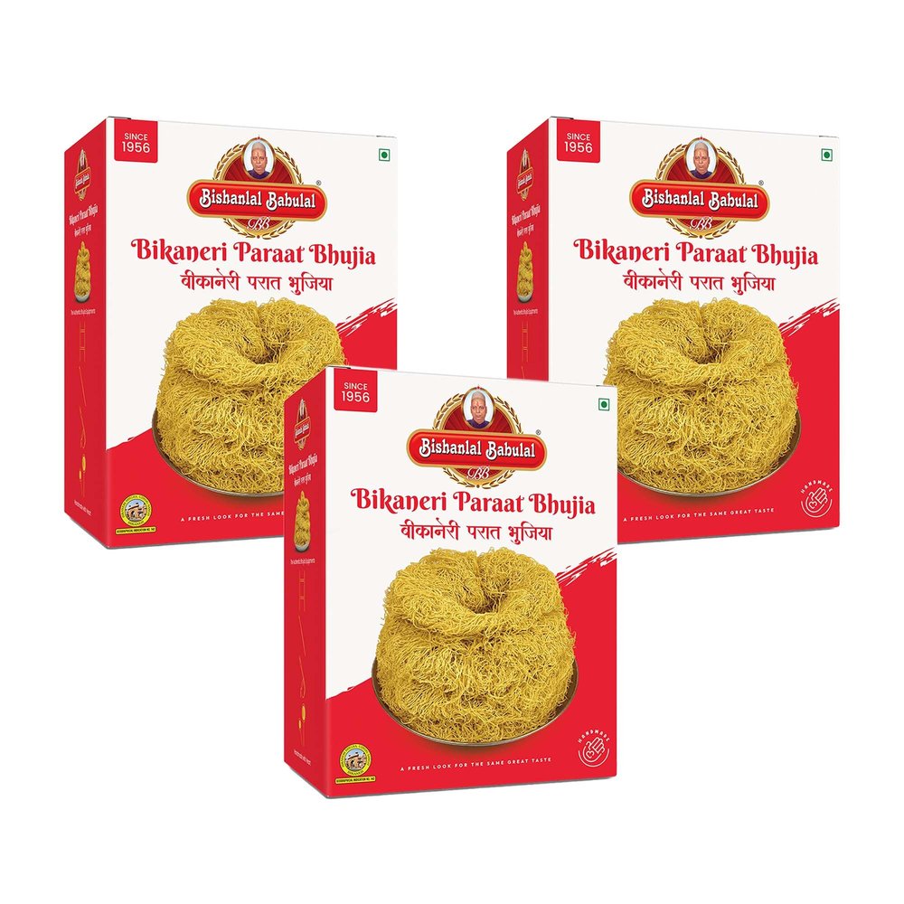 Bishanlal Babulal | Paraat Bhujia | Bikaneri bhujia | 1.2Kg (400Gm x 3) | Bikaners Famous Ready to Eat Savoury Namkeen| Crispy Light Sev Snack| No Preservative (Pack of 3)