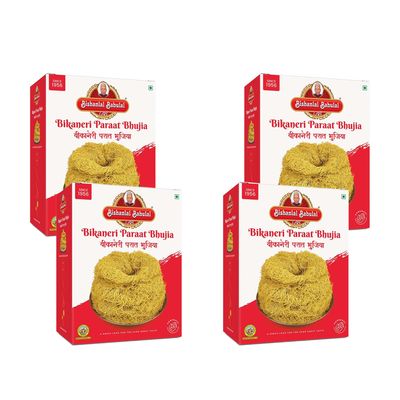 Bishanlal Babulal | Paraat Bhujia | Bikaneri bhujia | 1.6Kg (400Gm x 4) | Bikaners Famous Ready to Eat Savoury Namkeen| Crispy Light Sev Snack| No Preservative (Pack of 4)
