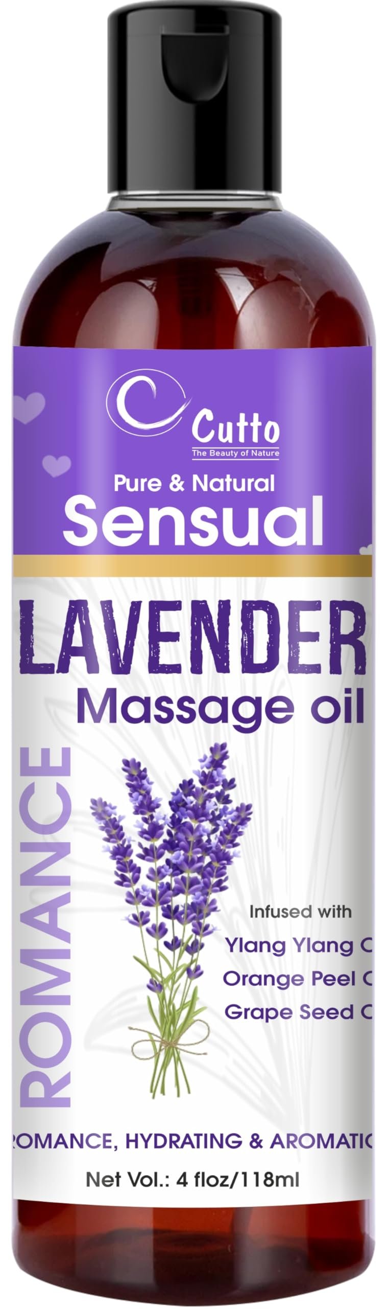 Cutto Sensual Lavender Massage Oil (118 ml) | Romance, Hydrating, Aromatic Massage Oil For Men & Women | Infused with Ylang Ylang, Orange Peel & Grape Seed Oil