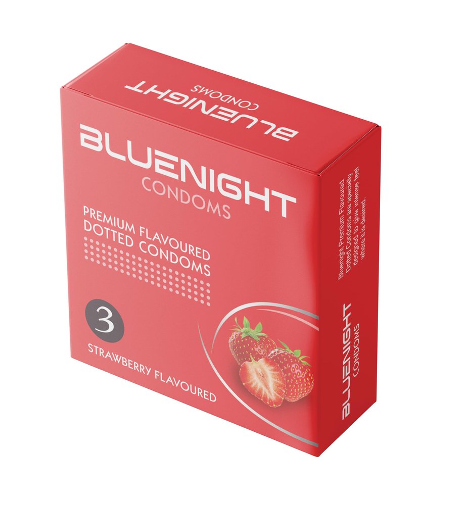Bluenigh Strawberry Flavoured Dotted Lubricated Condoms, 12 Pieces | 1 Pack