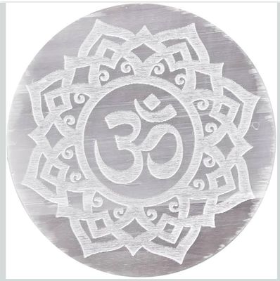 7VENS Selenite Crystal Charging Plate (Om Flower of Life, 3 Inch) Energy Cleansing Disc for Crystals, Stones, Meditation & Chakra Healing (Om-Salenite Plate)