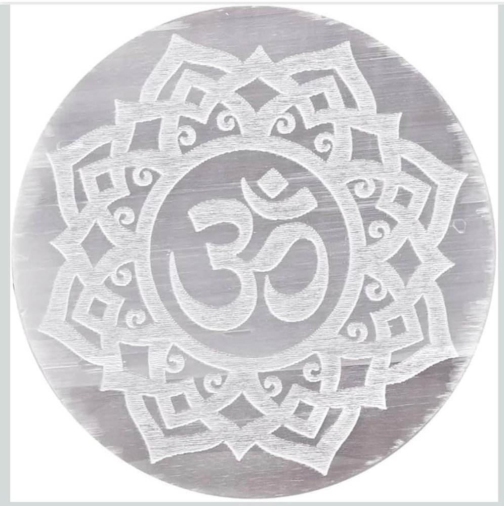 7VENS Selenite Crystal Charging Plate (Om Flower of Life, 3 Inch) Energy Cleansing Disc for Crystals, Stones, Meditation & Chakra Healing (Om-Salenite Plate)