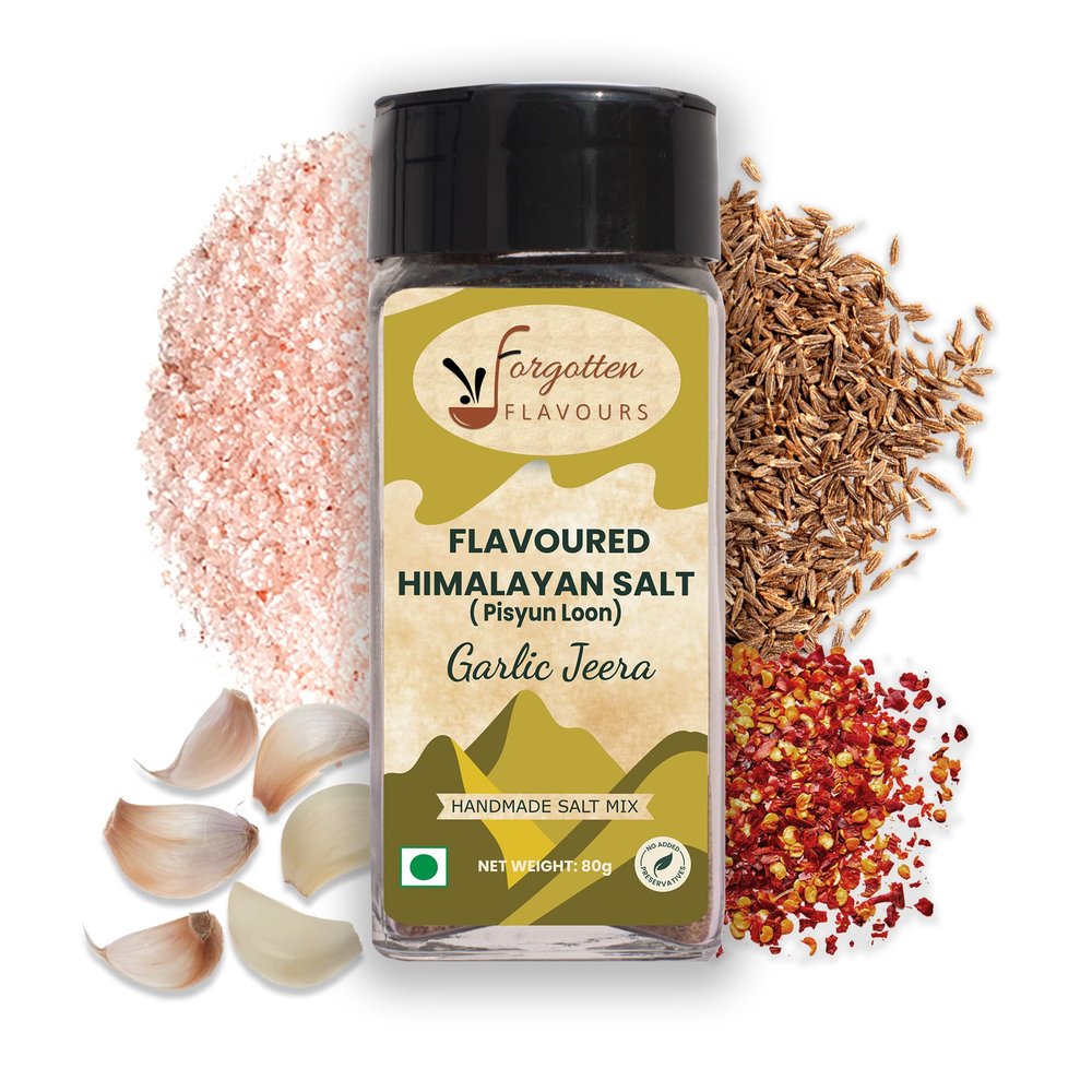 Forgotten Flavours - Flavoured Pahadi Salt - Garlic Jeera ( Lehsuni Namak ) | Semi-Dry Himalayan Mixed Salts | Authentic Pahadi Pisyun Loon | 80 gms | Salad Seasoning | chaas / buttermilk masala | Handgrounded | No Preservatives | Pack of 1