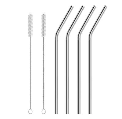 ERZA Metal Straws Stainless Steel Straws 10.5" Drinking Straws Reusable, Perfect for Cocktail, Cleaning Brush for 20/30 Oz Perfect for Yeti, Trail, Tumblers, Bars(4 Bend | 2 Brush)